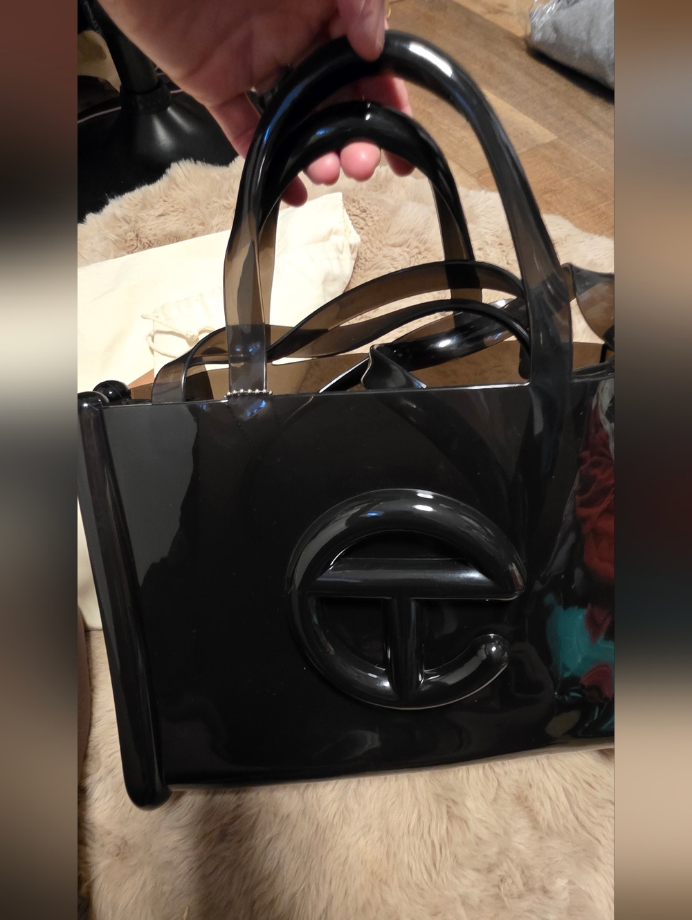 Melissa x Telfar Medium Black Jelly Bag Glossy Logo Tote Vegan Crossbody - Picture 12 of 13
